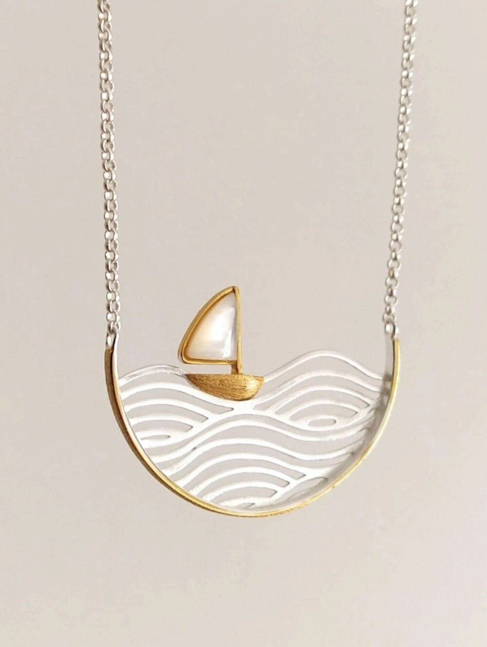 925 Greek Sea Necklace 14K Gold Plated 18" Sterling Silver Sailboat Waves Ocean